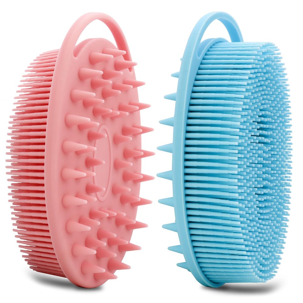 2 Pack Silicone Body Scrubber, Loofah Double-Sided Body Brush,Shower Scrubber and Scalp Massager Shampoo Brush for Sensitive Kids Women Men All Kinds of Skin (Pink & Blue)