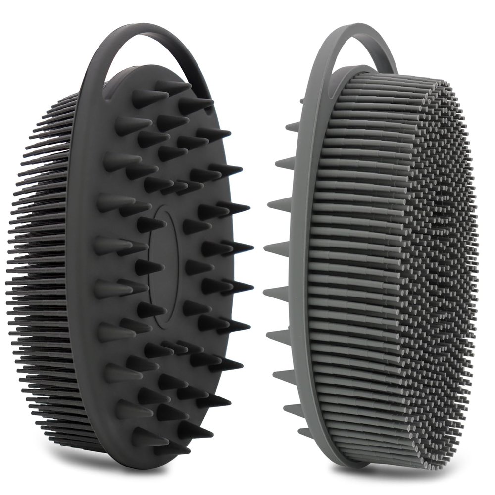 2 Pack Silicone Body Scrubber, Loofah Double-Sided Body Brush,Shower Scrubber and Scalp Massager Shampoo Brush for Sensitive Kids Women Men All Kinds of Skin (Black & Gray)