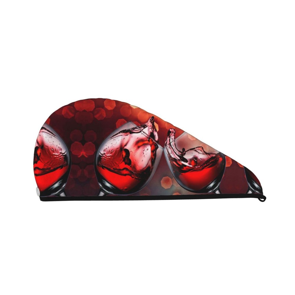 UNIOND Red Wine Glass Cheers Printed Hair Drying Towel Quick Dry Absorbent Coral Velvet Dry Hair Cap with Button Fixed for Drying Long Thick Hair