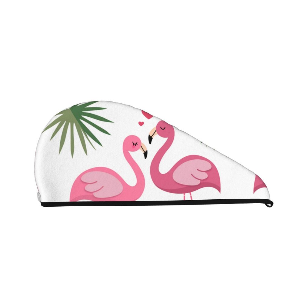 UNIOND Palm Leaf and Flamingos Couple Printed Hair Drying Towel Quick Dry Absorbent Coral Velvet Dry Hair Cap with Button Fixed for Drying Long Thick Hair