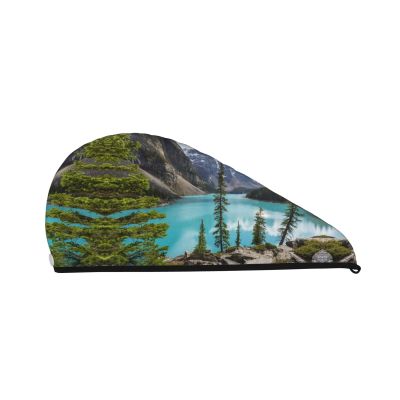 UNIOND Moraine Lake and The Valley Printed Hair Drying Towel Quick Dry Absorbent Coral Velvet Dry Hair Cap with Button Fixed for Drying Long Thick Hair