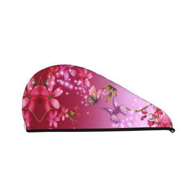 UNIOND Red Flower and Butterfly Printed Hair Drying Towel Quick Dry Absorbent Coral Velvet Dry Hair Cap with Button Fixed for Drying Long Thick Hair
