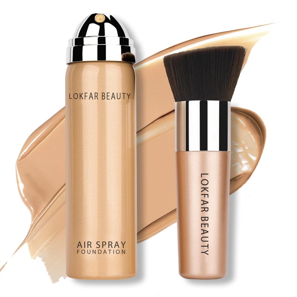 LOKFAR AirBrush Foundation Spray, Silky Mist Spray Makeup Kit with Brush, Full Coverage Foundation for Smooth Radiant Finish, Formula Breathable Lightweight Hydrating | #04 Buff Beige