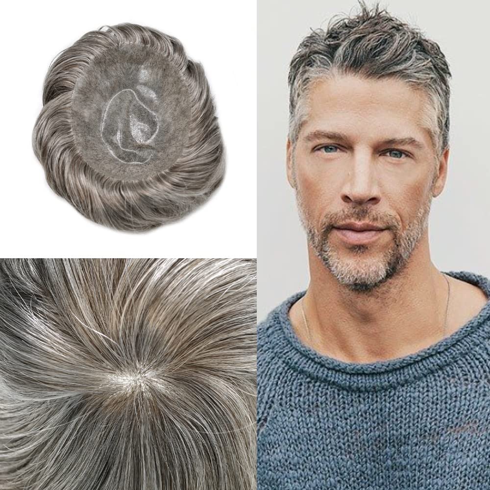 Toupee for Men Hairpiece Mens Hair Replacement System Full Injected PU Durable Skin Mens Toupee Wig Full Poly Skin Human Hair Piece for Men(8"x10", #250 Darkest Brown+50% Gray-110% Light to Medium)