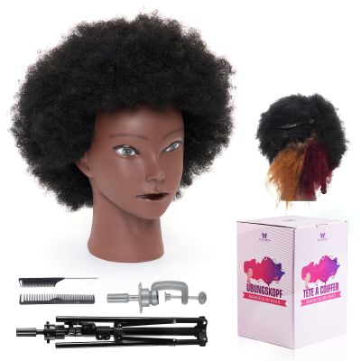 100% African Mannequin Head Human Hair,4C Afro Curly Cosmetology Manican Manikin Doll Head with 47 Mannequin Head Stand,Table Calmp,Braiding Set for Display Practice Braiding Styling Training