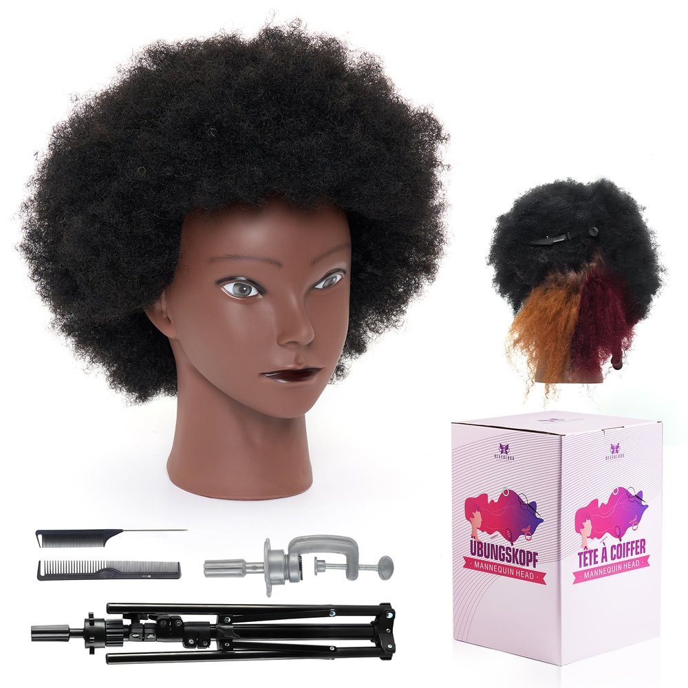 100% African Mannequin Head Human Hair,4C Afro Curly Cosmetology Manican Manikin Doll Head with 47 Mannequin Head Stand,Table Calmp,Braiding Set for Display Practice Braiding Styling Training