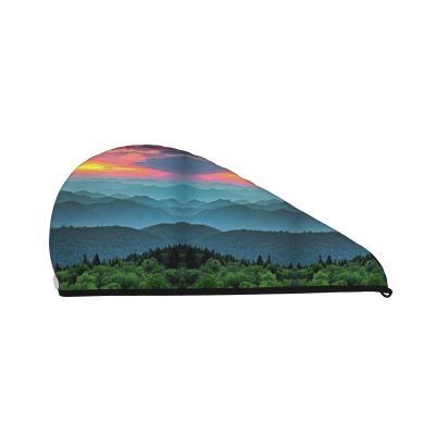 UNIOND Mountain Sunset Printed Hair Drying Towel Quick Dry Absorbent Coral Velvet Dry Hair Cap with Button Fixed for Drying Long Thick Hair