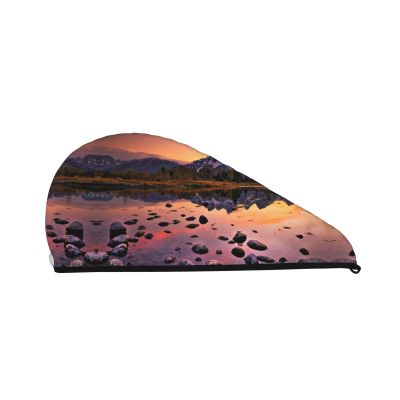 UNIOND Mountain View at Sunrise Printed Hair Drying Towel Quick Dry Absorbent Coral Velvet Dry Hair Cap with Button Fixed for Drying Long Thick Hair
