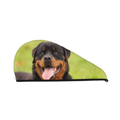 UNIOND Rottweiler Printed Hair Drying Towel Quick Dry Absorbent Coral Velvet Dry Hair Cap with Button Fixed for Drying Long Thick Hair