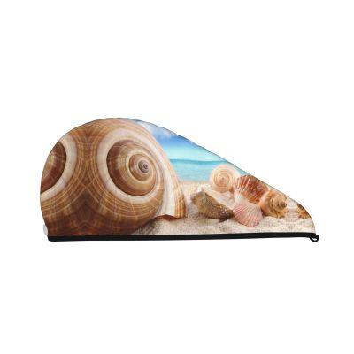 UNIOND Seashells by The Seashore Printed Hair Drying Towel Quick Dry Absorbent Coral Velvet Dry Hair Cap with Button Fixed for Drying Long Thick Hair