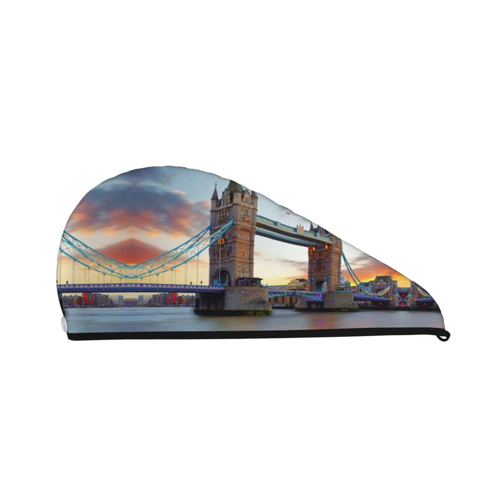 UNIOND Old Tower Bridge Printed Hair Drying Towel Quick Dry Absorbent Coral Velvet Dry Hair Cap with Button Fixed for Drying Long Thick Hair
