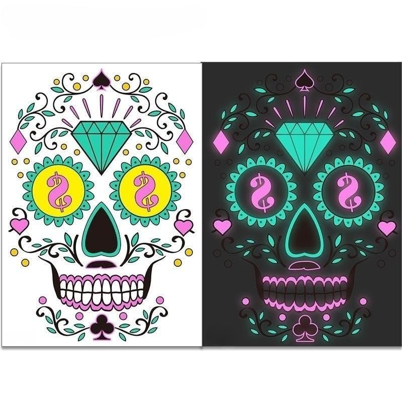2023 New Funny Halloween Luminous Temporary Tattoos Stickers 2 Pcs,Glow In Dark Sugar Skull Face Stickers Colorful, Adults Day Of Dead Nightmare Face Tattoos Waterproof 3d Facial Party (02)