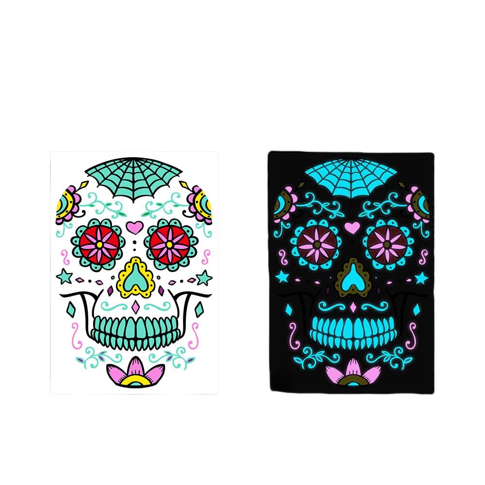 2023 New Funny Halloween Luminous Temporary Tattoos Stickers 2 Pcs,Glow In Dark Sugar Skull Face Stickers Colorful, Adults Day Of Dead Nightmare Face Tattoos Waterproof 3d Facial Party (08)