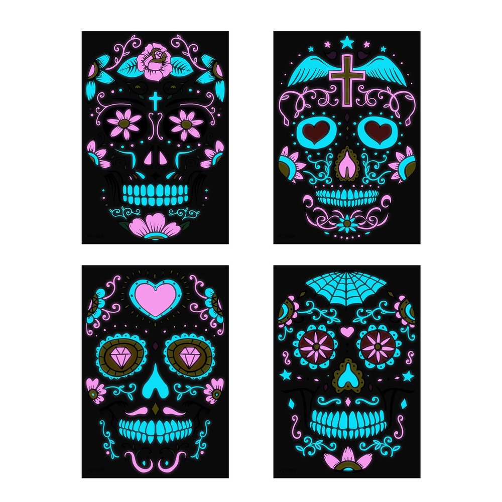 2023 New Funny Halloween Luminous Temporary Tattoos Stickers 2 Pcs,Glow In Dark Sugar Skull Face Stickers Colorful, Adults Day Of Dead Nightmare Face Tattoos Waterproof 3d Facial Party (05-08)