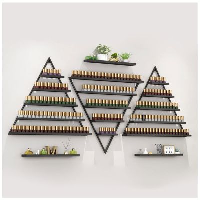 ZBJDX Triangular Metal Nail Polish Storage Racks, Wall-Mounted Essential Oil Cosmetic Display Case Large Capacity for Nail Salon Shop/Retail Shop and Also Organizing Books, Lipstick,Black