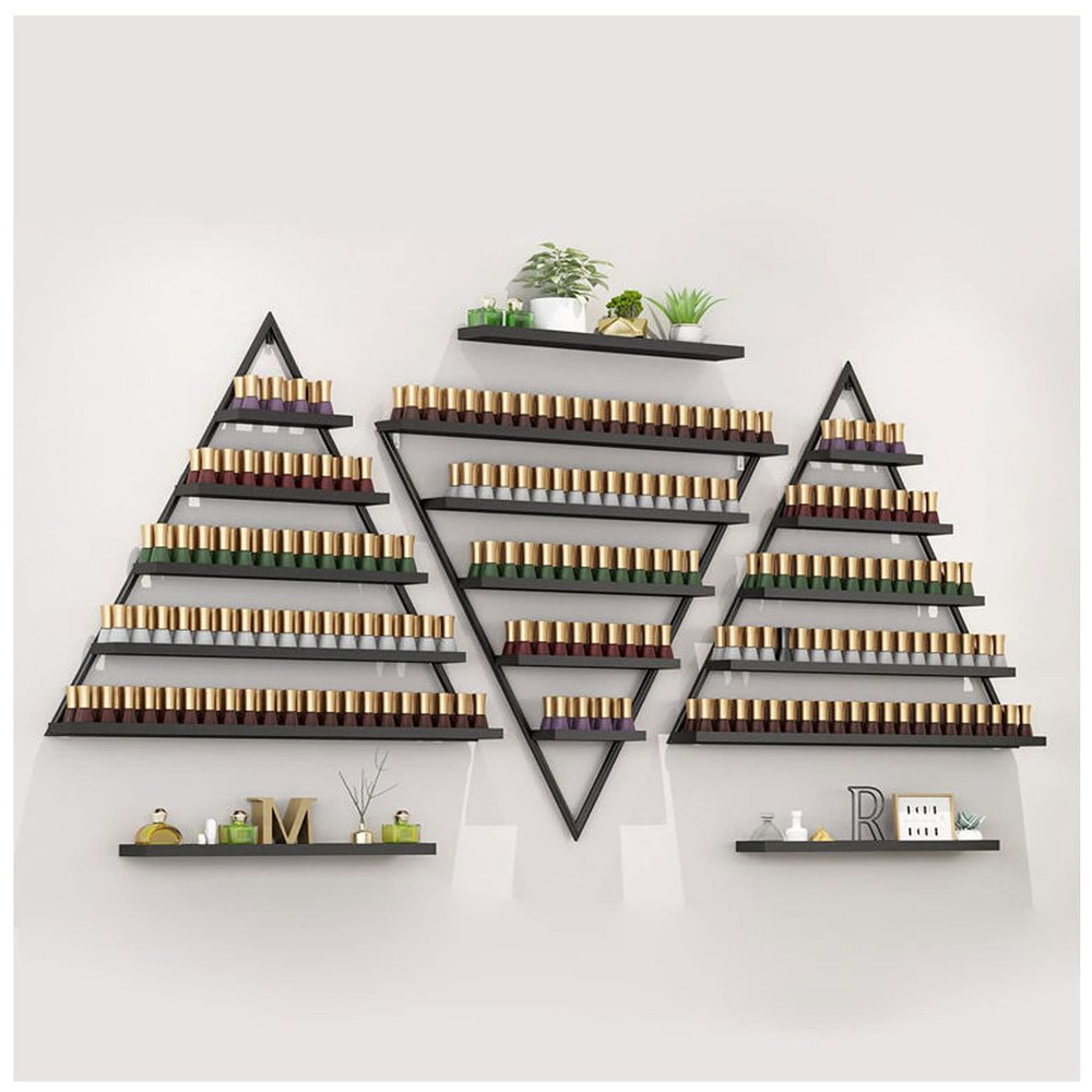 ZBJDX Triangular Metal Nail Polish Storage Racks, Wall-Mounted Essential Oil Cosmetic Display Case Large Capacity for Nail Salon Shop/Retail Shop and Also Organizing Books, Lipstick,Black