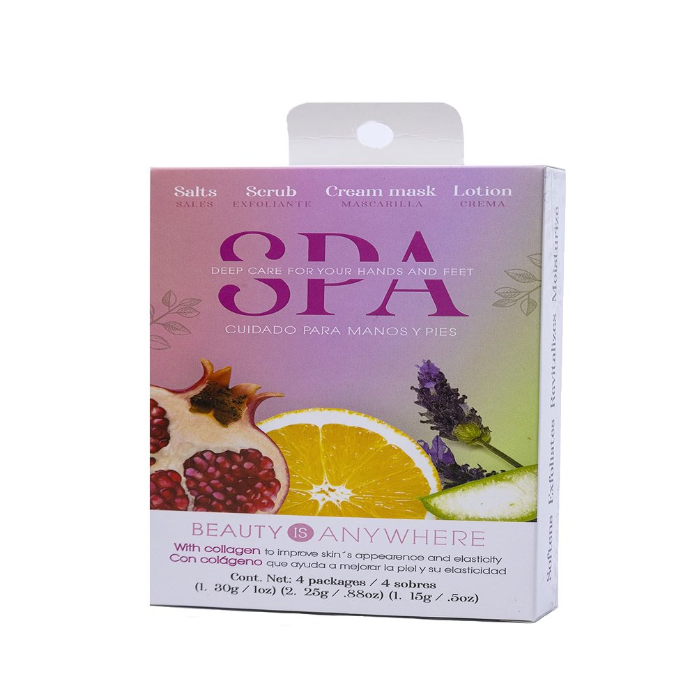 NAIL FACTORY DEEP CARE SPA PACKAGE FOR HANDS AND FEET WITH COLLAGEN AND VITAMIN E, Softens, Exfoliates, Revitalizes and Moisturizes your skin. 60 Packages with 4 Single-Use Individual pack of 1/2 Oz each. Pomegranate, Aloe, Lavander & Orange essenc