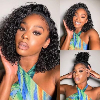 Unvizossa Curly Headband Wig Human Hair 8 Inch Deep Wave Human Hair Wigs for Black Women Machine Made No Lace Deep Curly Headband Wig 150% Density Natural Black Color