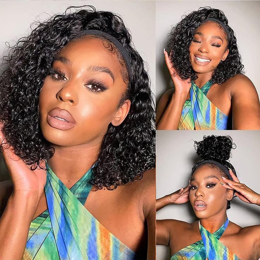 Unvizossa Curly Headband Wig Human Hair 8 Inch Deep Wave Human Hair Wigs for Black Women Machine Made No Lace Deep Curly Headband Wig 150% Density Natural Black Color