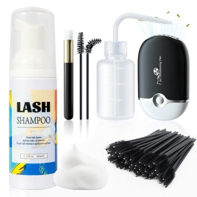 Buqikma Lash Shampoo Kit Eyelash Extensions Cleaning Kit with Mini Fan Rinse Bottle & Brushes - Oil Free Lash Cluster Cleaner for Eye Lash Extension Maintenance Deep Cleansing & Personal Use, Black