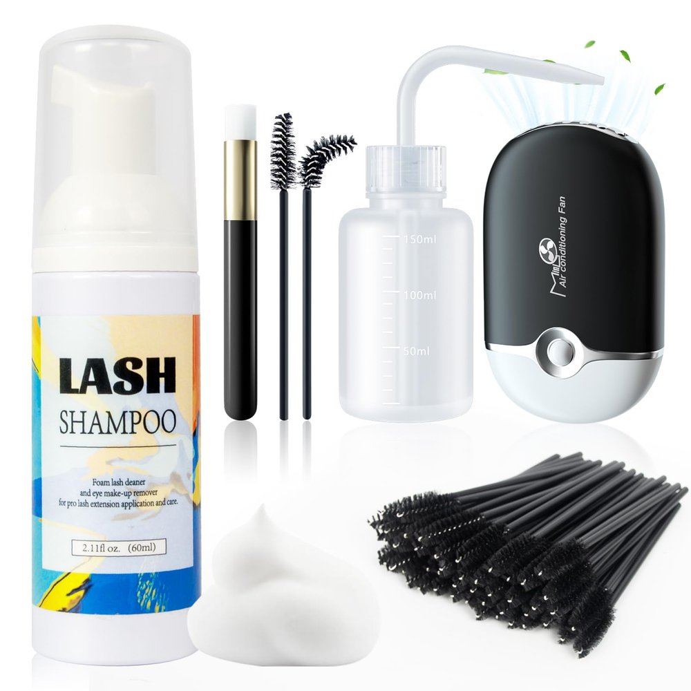 Buqikma Lash Shampoo Kit Eyelash Extensions Cleaning Kit with Mini Fan Rinse Bottle & Brushes - Oil Free Lash Cluster Cleaner for Eye Lash Extension Maintenance Deep Cleansing & Personal Use, Black