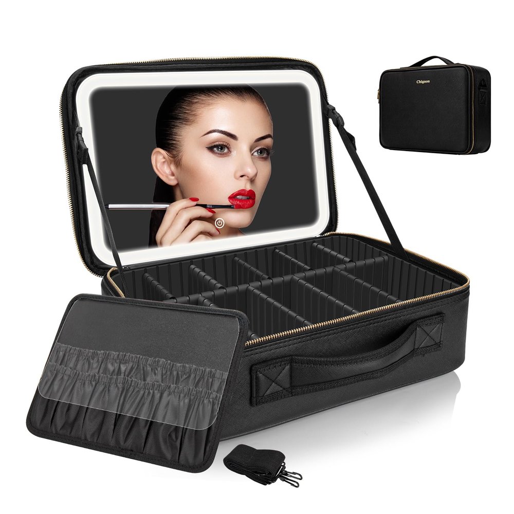 14.6X 10.3Large Makeup Case Black with Lighted Up Mirror, Professional Travel Vanity Cosmetic Train Bag with LED Light, 3 Colors Light and Adjustable Brightness Makeup Case for Women Girls (Black)