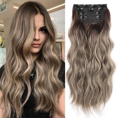 4PCS Thick Hairpieces Clip in Hair Extensions for Women Synthetic Clip in Long Wavy Hair Extension 20 Inch Double Weft Hairpieces Full Head For Women (20INCH, R6/88)
