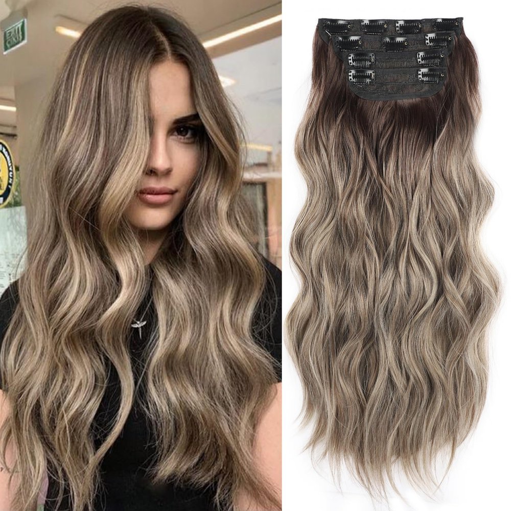 4PCS Thick Hairpieces Clip in Hair Extensions for Women Synthetic Clip in Long Wavy Hair Extension 20 Inch Double Weft Hairpieces Full Head For Women (20INCH, R6/88)