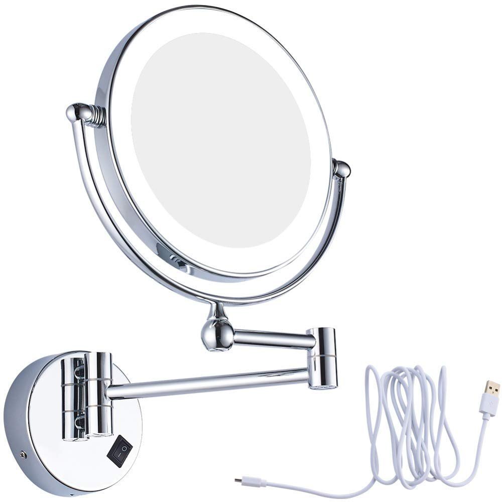 AMHIL Bathroom LED Wall Mounted Makeup Mirrors, 8 Inch Double Sided Brass Lighted Magnifying Shaving Foldable Switch Chrome (Color : Usbrechargeable, Size : 5X)