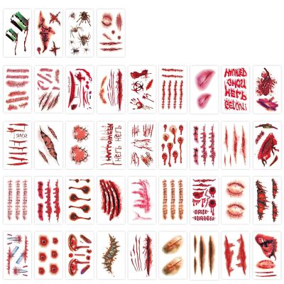 265 PCS 40 Sheets Fake Scars Temporary Tattoos, Horror Realistic Wound Stitch Face Body Makeup Zombie Sticker, Cosplay Masquerade Prank Scary Halloween Party for Adult Women Men