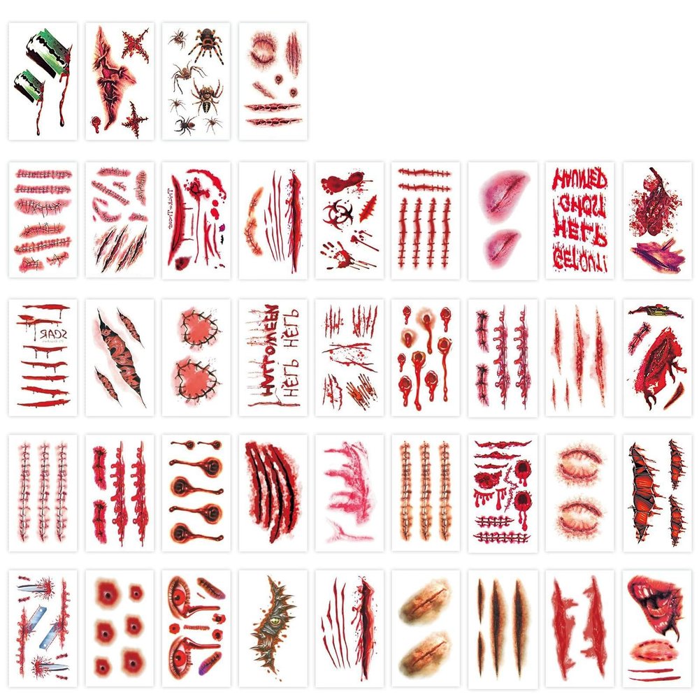 265 PCS 40 Sheets Fake Scars Temporary Tattoos, Horror Realistic Wound Stitch Face Body Makeup Zombie Sticker, Cosplay Masquerade Prank Scary Halloween Party for Adult Women Men