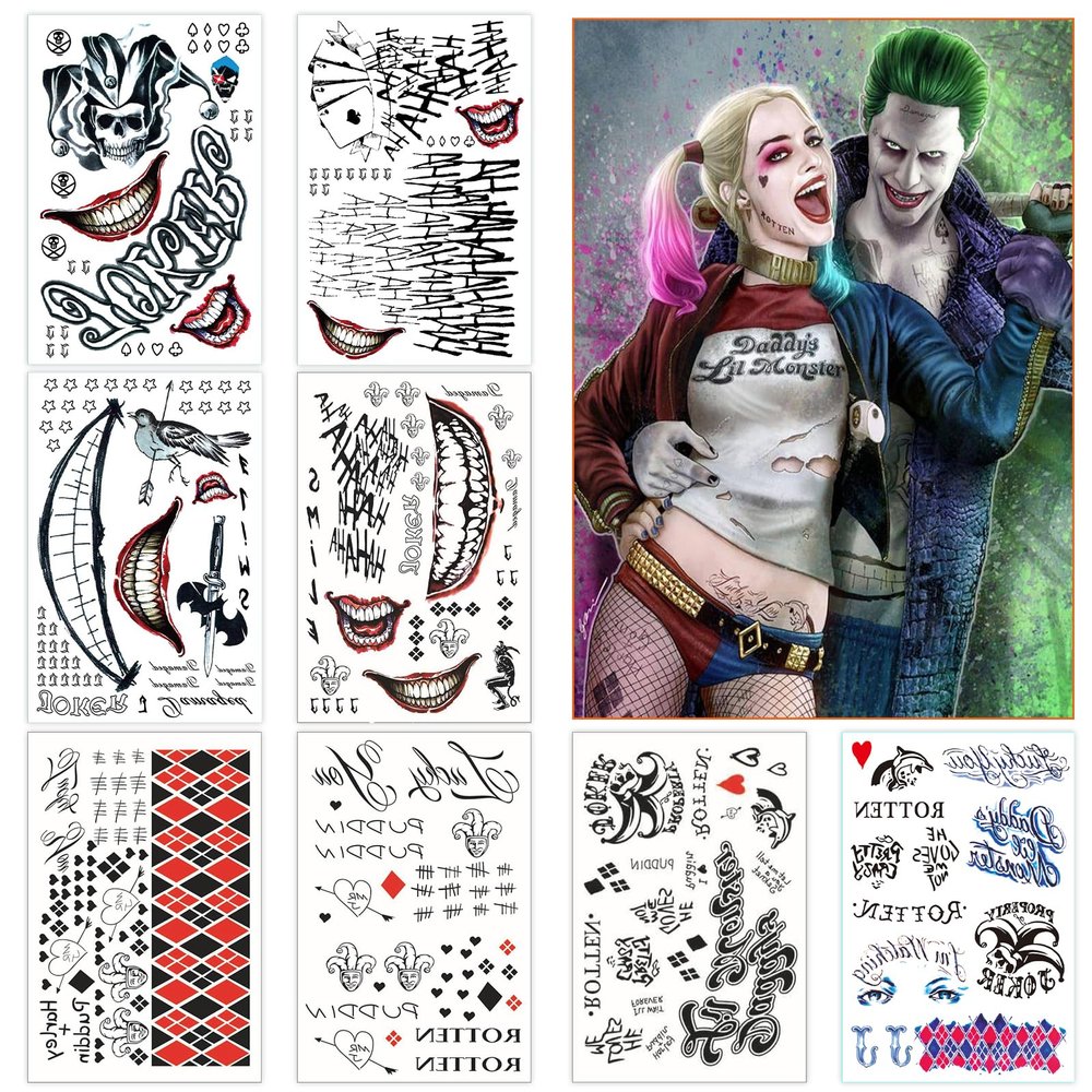18 Sheets Joker HQ Tattoos for Women Men, Halloween Suicide Squad Fake Temporary Tattoos Adult Realistic,Props Costume Masquerade Cosplay Party Accessories Face Makeup,Waterproof Non Toxic