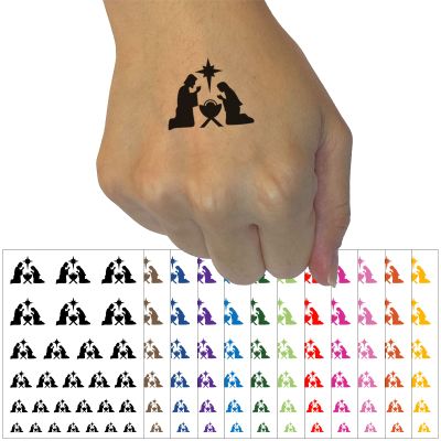 Nativity Scene Silhouette Christmas Baby Jesus Christianity Religious Temporary Tattoo Water Resistant Fake Body Art Set Collection - Yellow (One Sheet)