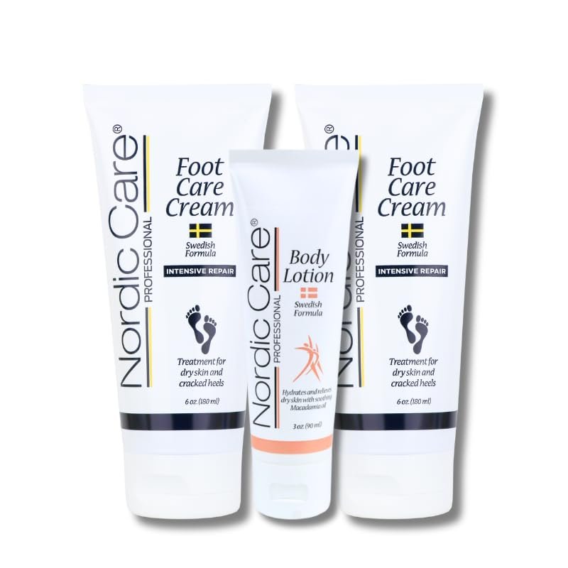 Nordic Care Foot Cream & Body Lotion - Intensive Repair 1 Body Lotion (3oz) & 2 Foot Cream (6oz) with Urea & Macadamia Oil for Cracked Heels & Dry Skin, Provide Hydration & Prevent Cracking