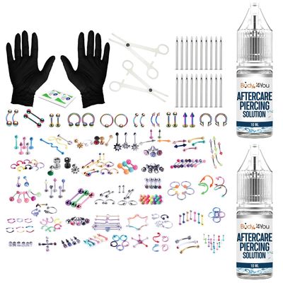 BodyJ4You Piercing Aftercare Saline Cleanser - Professional Piercing Kit 14G 16G 18G - Belly Button Nose Lip Ear Tragus - 156PC Complete Set