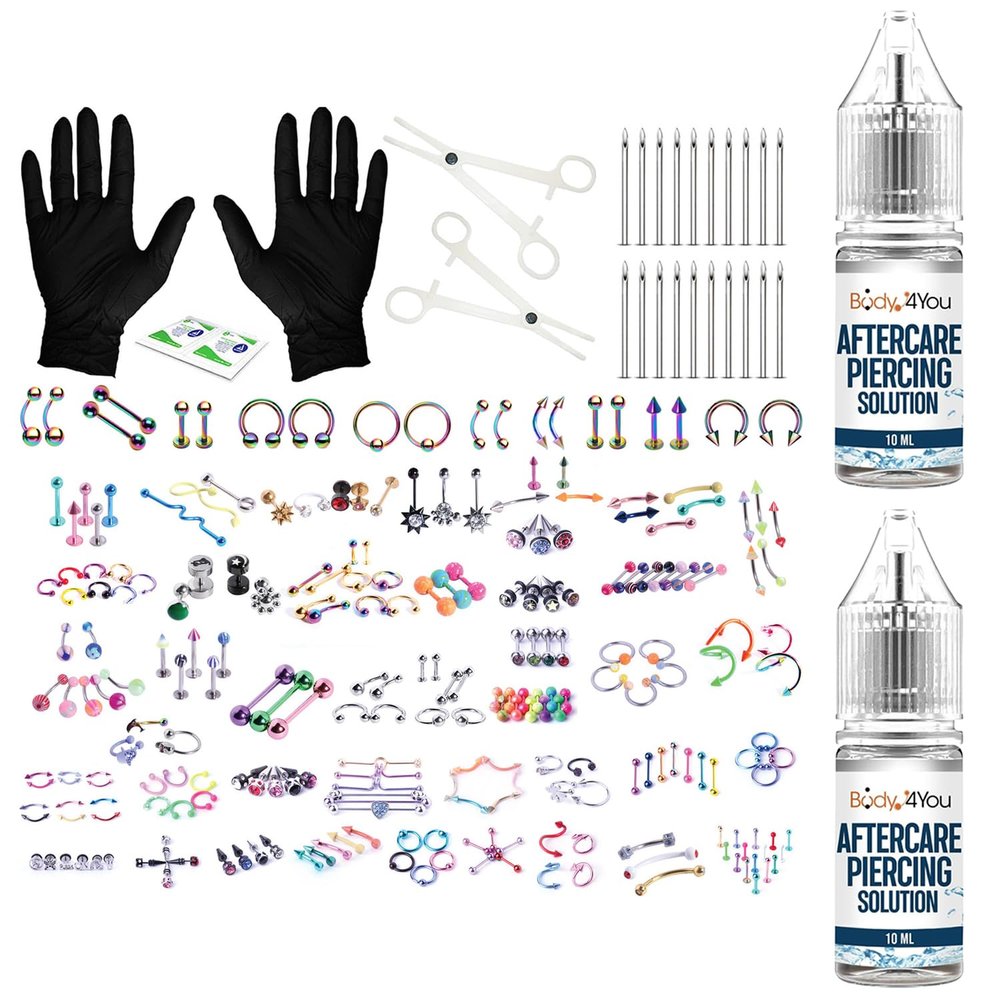 BodyJ4You Piercing Aftercare Saline Cleanser - Professional Piercing Kit 14G 16G 18G - Belly Button Nose Lip Ear Tragus - 156PC Complete Set