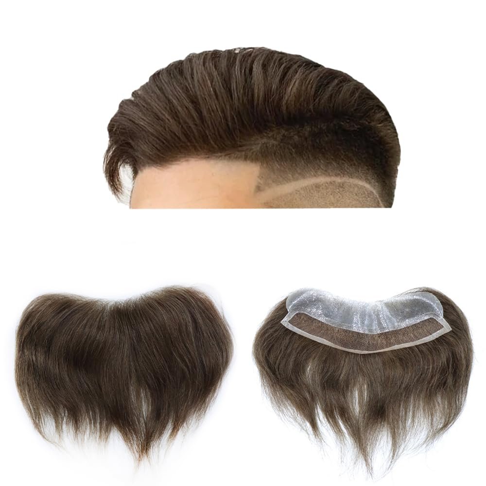 Healthlif Hairline Toupee Frontal Hairpiece Men's Toupee 100% European Hair System V-Shape Brazilian Virgin Human Hair Natural Hairline Replacement System (4cmx18cm, 1 JET BLACK-100% light medium)