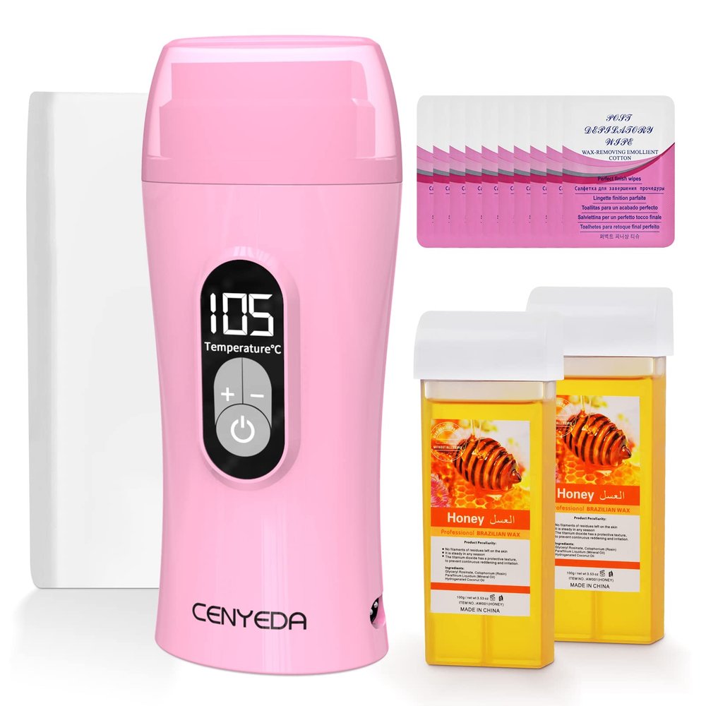 CENYEDA Digital Roll On Wax Kit,Honey Thermostatic Roller Waxing Kit for Sensitive Skin, Depilatory Soft Wax Warmer with 2 Cartridge Refill 10 Wax-removing wipes and 100pcs Wax Strips