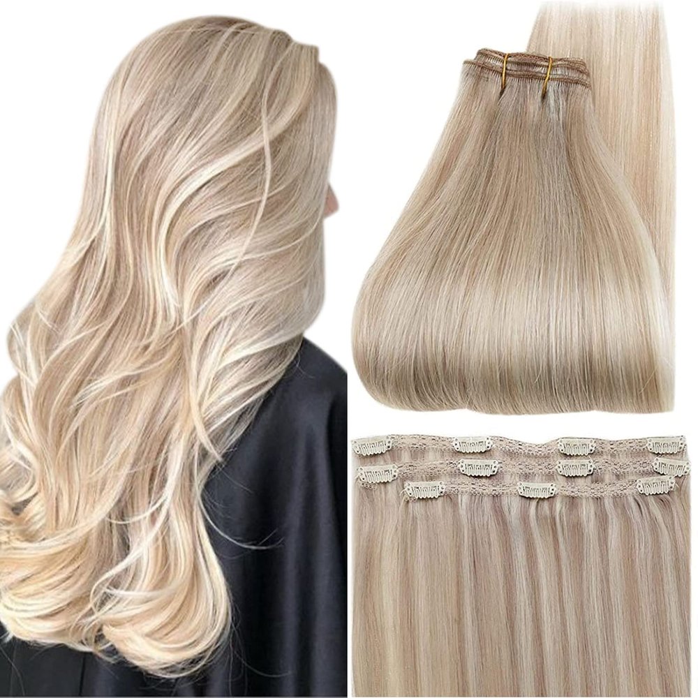 Full Shine Blonde Clip in Hair Extensions Highlights Human Hair Clip in Extensions Ash Blonde Mix Bleach Blonde