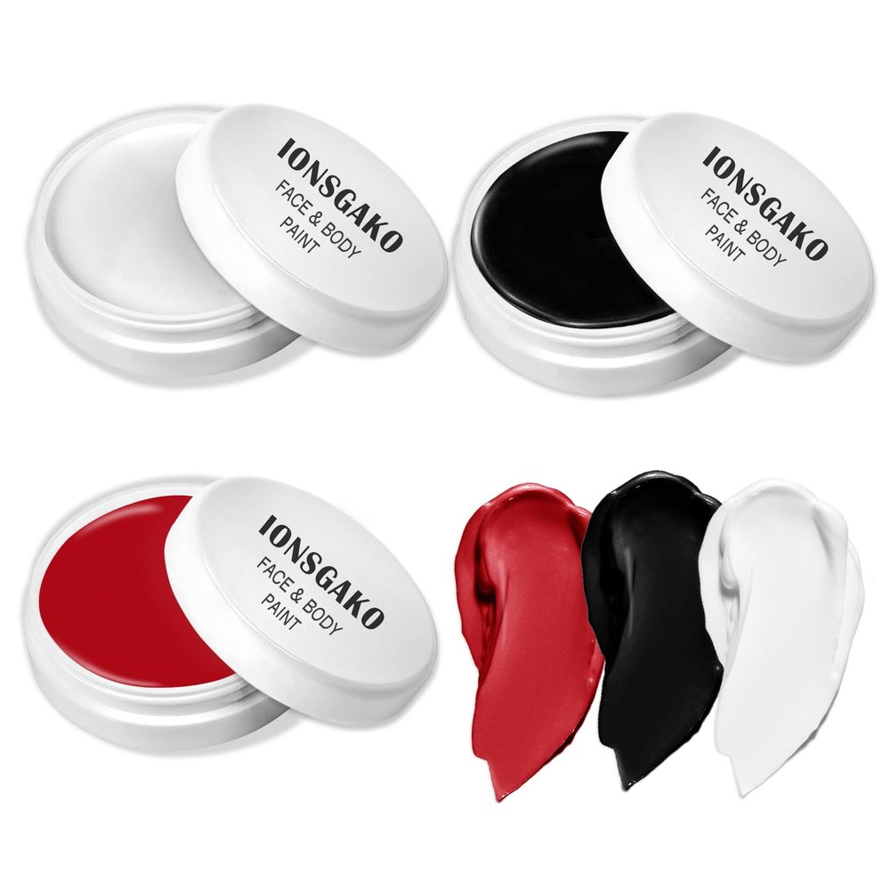 IONSGAKO 3PCS Clown Makeup Kit Black White Red Face Body Paint Professional Oil Based Body Face Paint Foundation Makeup for Halloween Special Effects SFX Zombie Clown Vampire Skeleton Makeup Kit