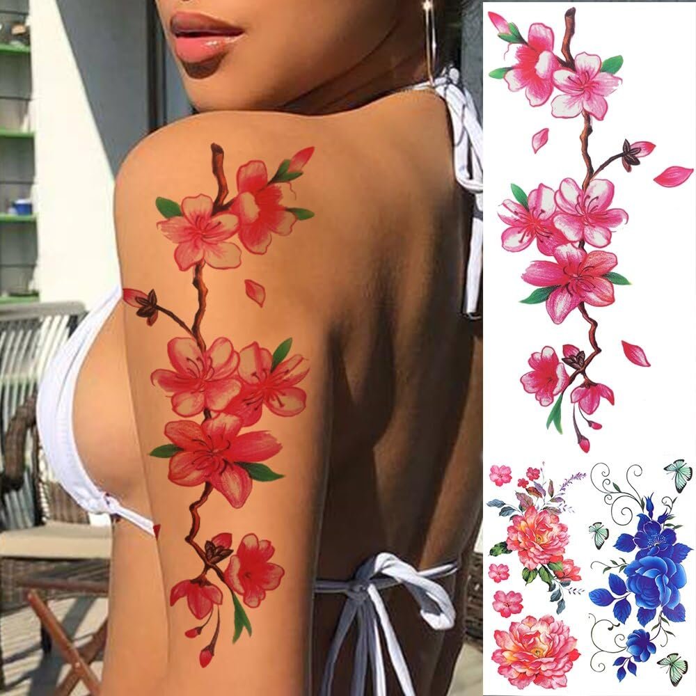 Diy Flower Temporary Tattoos For Women Girls Watercolor Peony Tattoo Sticker 3D Waterproof Thigh Tatoos Large