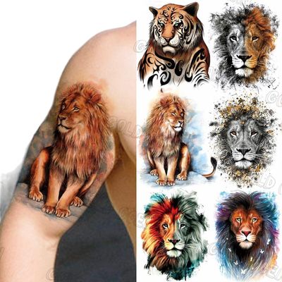 Large Size 3D Watercolor Lion Temporary Tattoos For Men Adults Realistic Tiger Tattoo Sticker Transfer Tattoo Arm Body Art