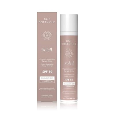Baie Botanique Soleil - Organic Mineral Non Toxic Sunscreen for Face and Body SPF 50 - Sea Buckthorn & Calendula - Natural - Vegan - No White Cast - Chemical Filter Free - Reef Safe -UVA/UVB - 3.9 oz