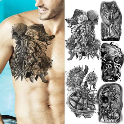 3D Realistic Knight Chest Tribe Temporary Tattoos For Men Adult Lion Wolf Tattoo Stickers Body Art Painting Washable Tatoos