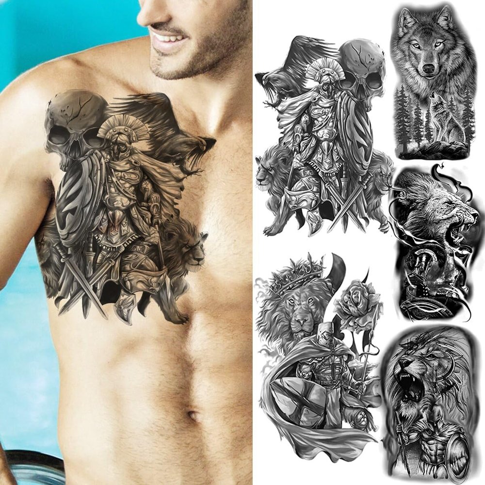 3D Realistic Knight Chest Tribe Temporary Tattoos For Men Adult Lion Wolf Tattoo Stickers Body Art Painting Washable Tatoos