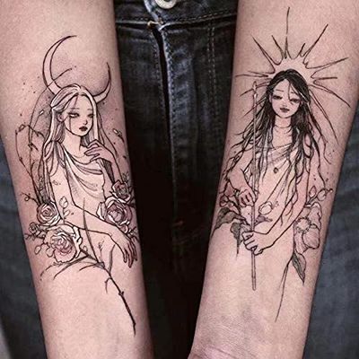 2Pcs Evil Girls Tattoo Stickers For Men Women Arm Waist Temporary Tattos Dark Rose Lady Waterproof Tatoos