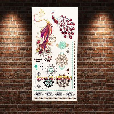1Pc Exquisite Body Art Gold Metallic Peacock Phoenix Tattoo Waterproof Henna Flower Arm Decals Temporary Tattoo Sticker Agm-T027