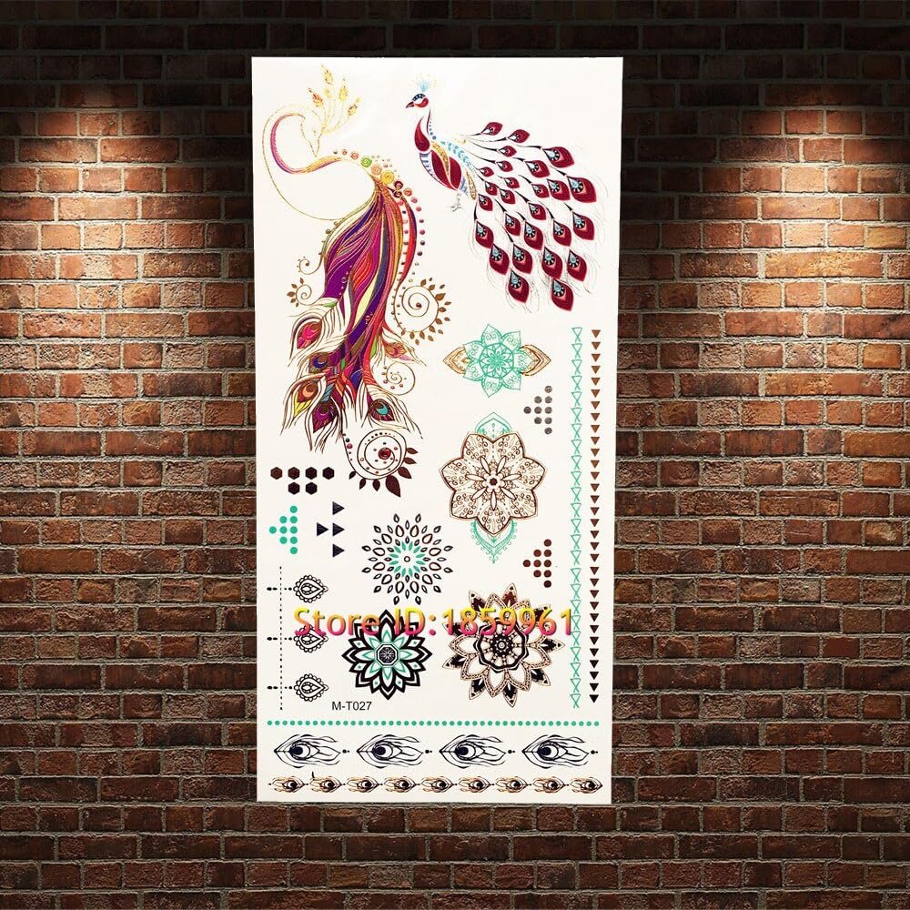 1Pc Exquisite Body Art Gold Metallic Peacock Phoenix Tattoo Waterproof Henna Flower Arm Decals Temporary Tattoo Sticker Agm-T027