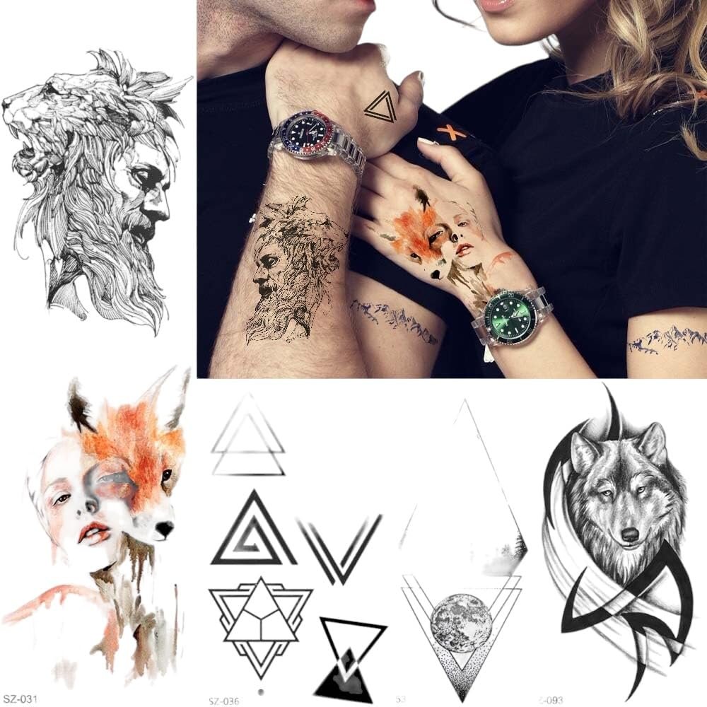 3D Stone Warrior Lion Men Arm Tattoo Stickers Triangle Temporary Tattoo Women Sexy Flash Fox Waterproof Tatoo Body Art