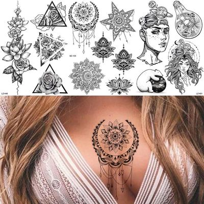 3D Sexy Geometric Temporary Tattoos For Women Girls Moon Chest Mandala Flower Henna Tattoos Stickers Diy Arm Tatoos Star